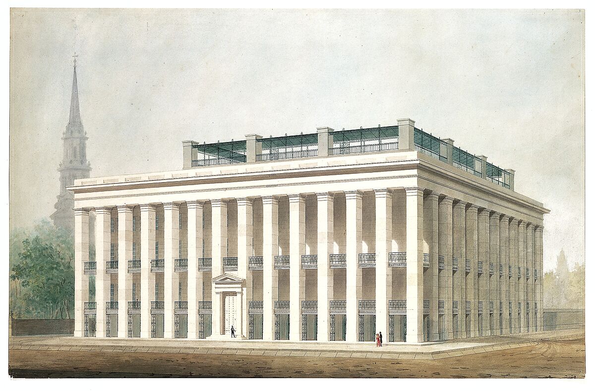Proposal for Astor House (Park Hotel), New York (perspective), Designed by Ithiel Town (American, Thompson, Connecticut  1784–1844 New Haven, Connecticut), Watercolor, ink, and graphite on paper