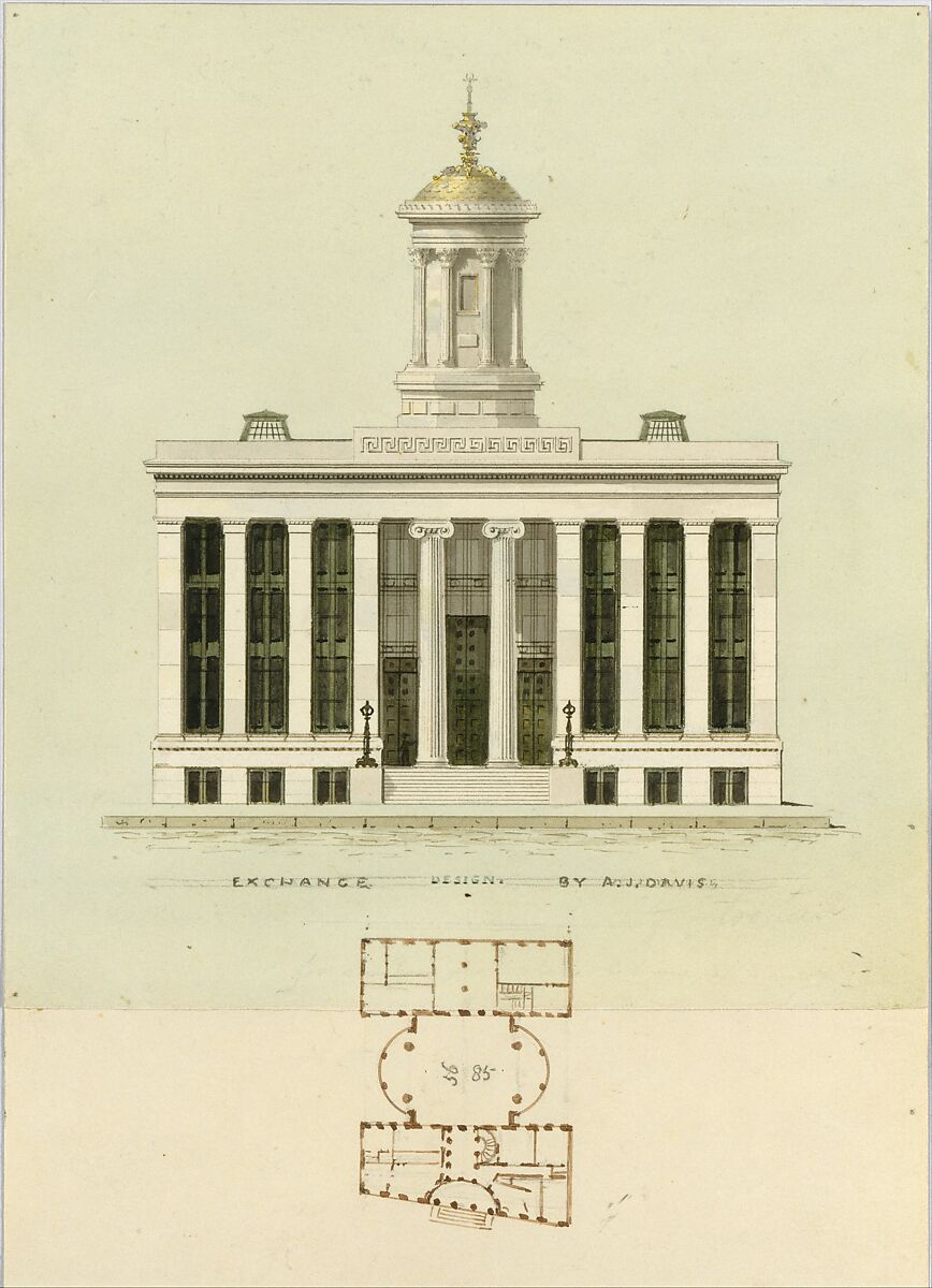 Façade Design and Old Plan for the First Merchant's Exchange, New York  (unexecuted; front elevation and plan), Alexander Jackson Davis (American, New York 1803–1892 West Orange, New Jersey), Graphite, ink and watercolor 