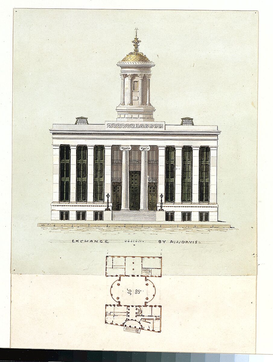 Façade Design and Old Plan for the First Merchant's Exchange, New York  (unexecuted; front elevation and plan), Alexander Jackson Davis (American, New York 1803–1892 West Orange, New Jersey), Graphite, ink and watercolor