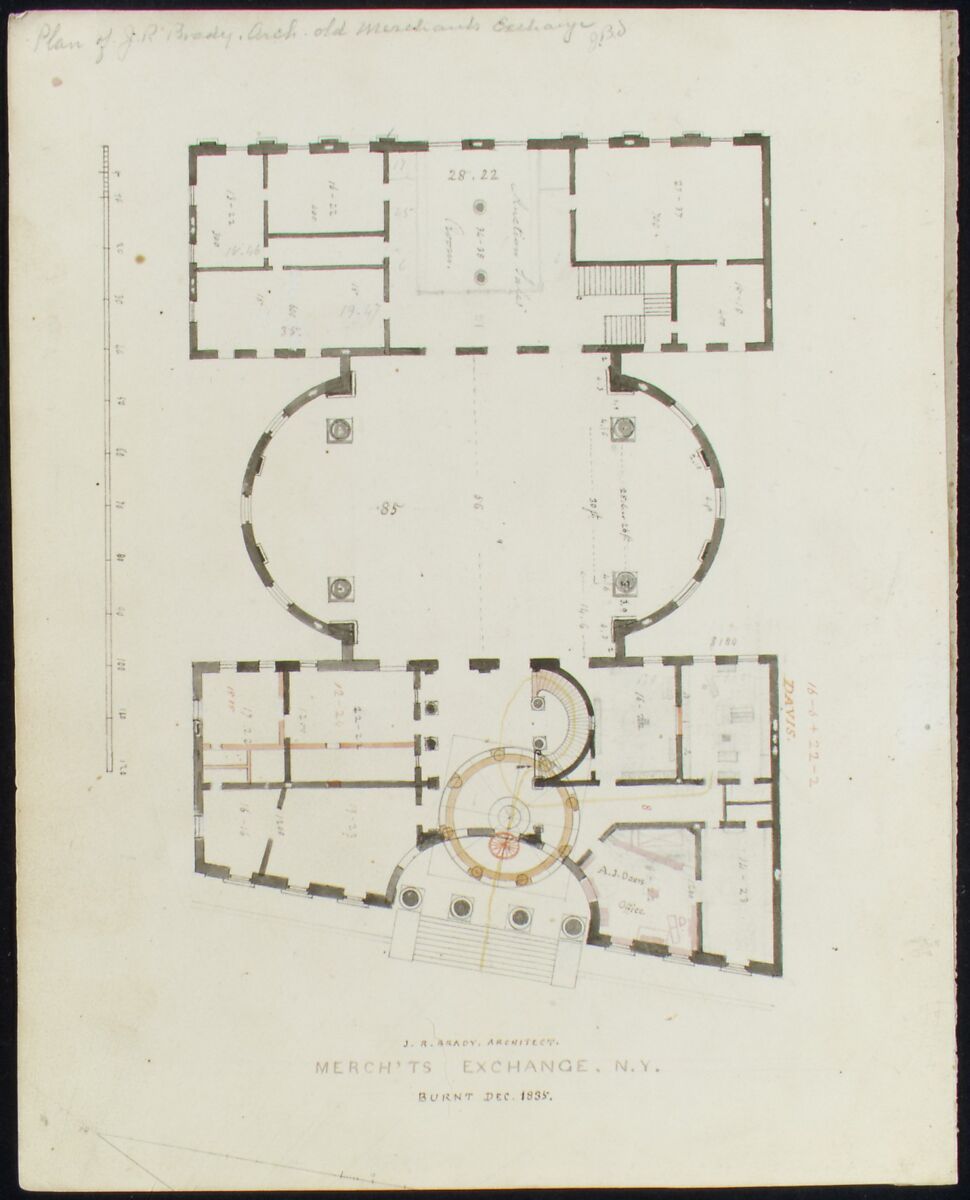 First Merchant's Exchange, New York (plan of main floor), Alexander Jackson Davis (American, New York 1803–1892 West Orange, New Jersey), Black and red ink, gray, orange and pink wash, over graphite