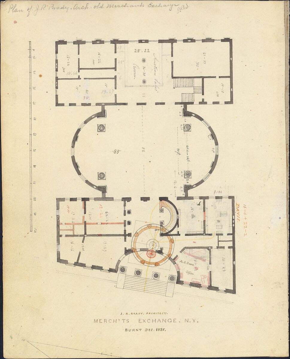 First Merchant's Exchange, New York (plan of main floor), Alexander Jackson Davis (American, New York 1803–1892 West Orange, New Jersey), Black and red ink, gray, orange and pink wash, over graphite 