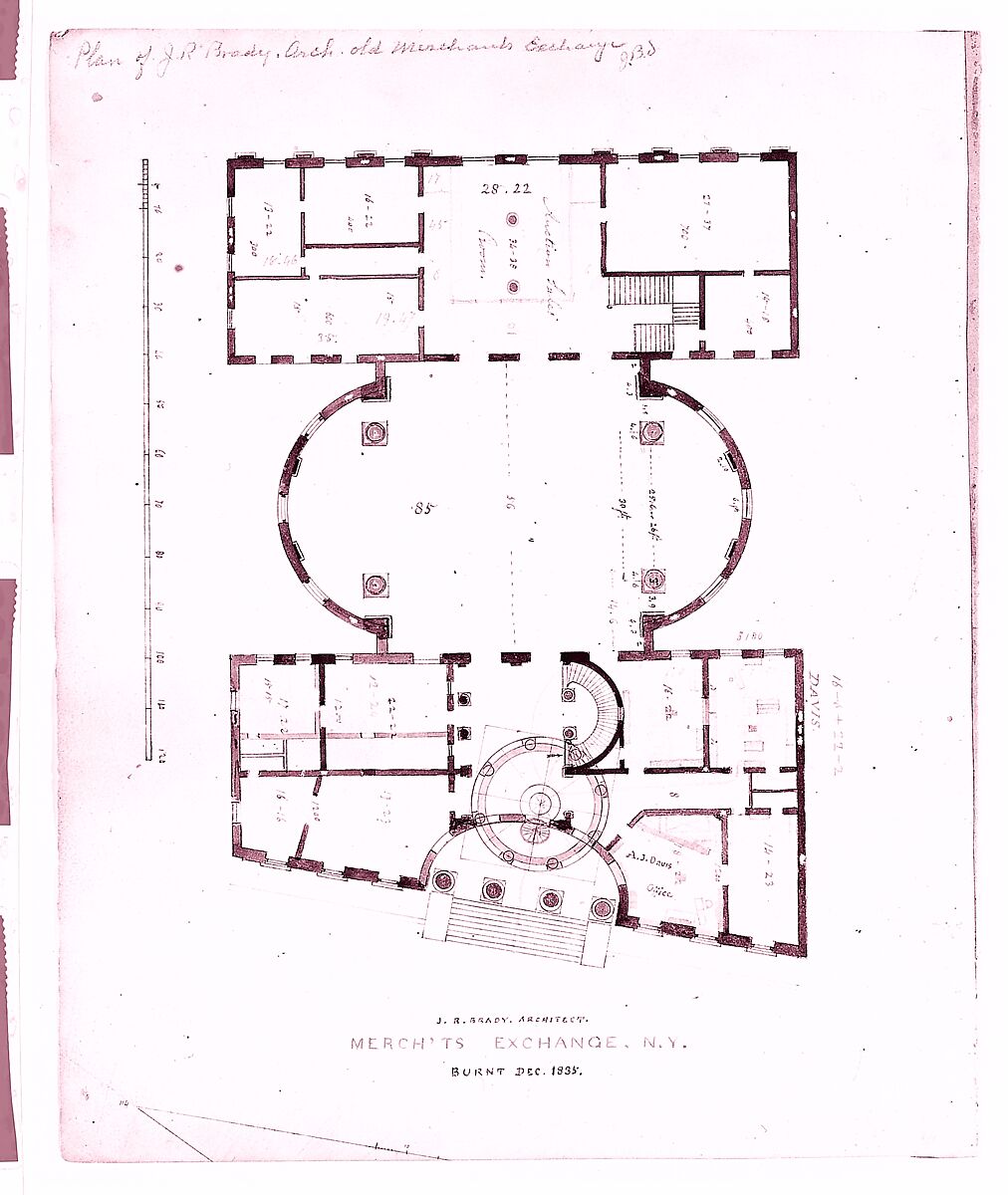 First Merchant's Exchange, New York (plan of main floor), Alexander Jackson Davis (American, New York 1803–1892 West Orange, New Jersey), Black and red ink, gray, orange and pink wash, over graphite