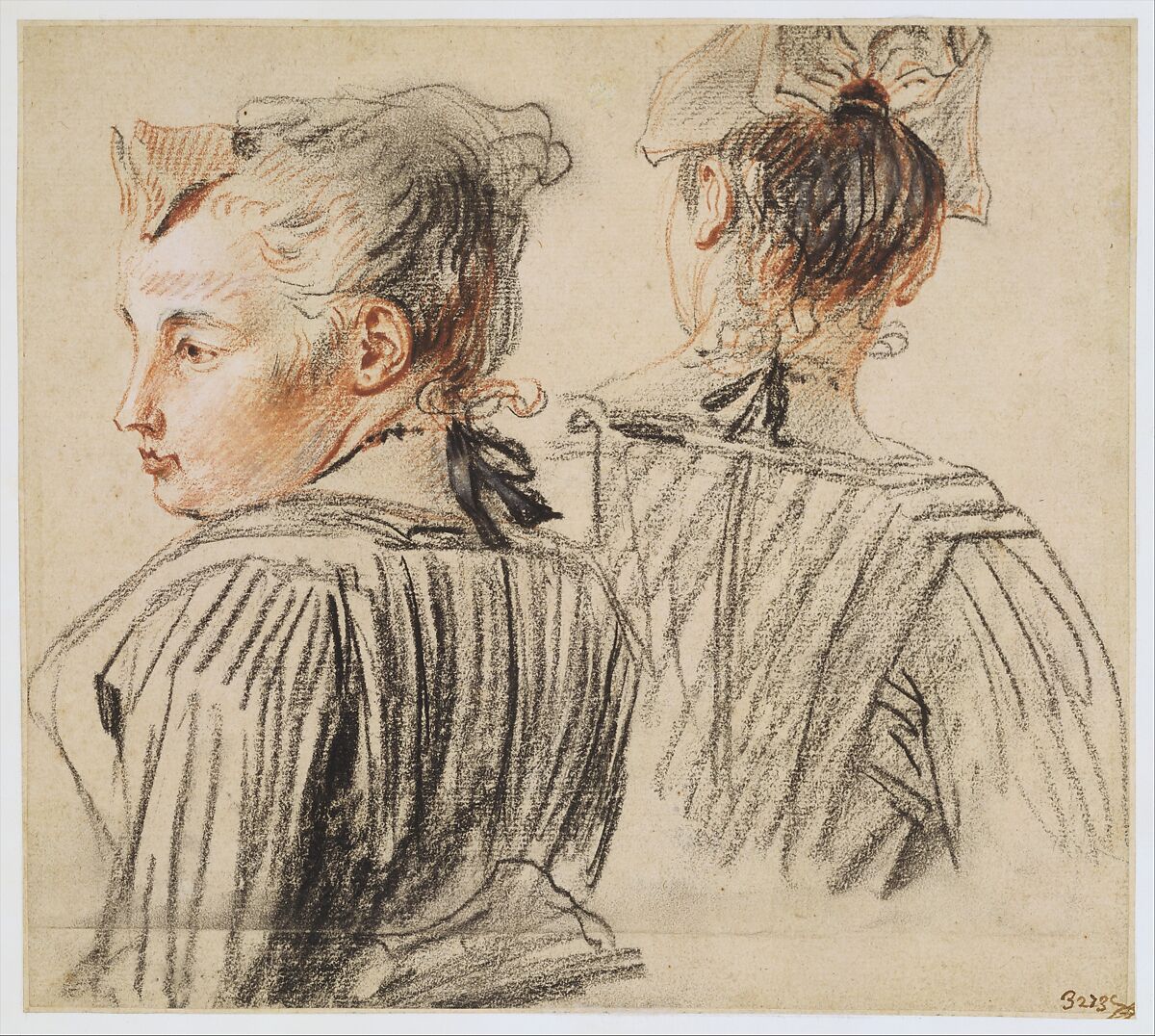 Studies of a Woman Wearing a Cap, Antoine Watteau (French, Valenciennes 1684–1721 Nogent-sur-Marne), Black and red chalk, heightened with a little white.