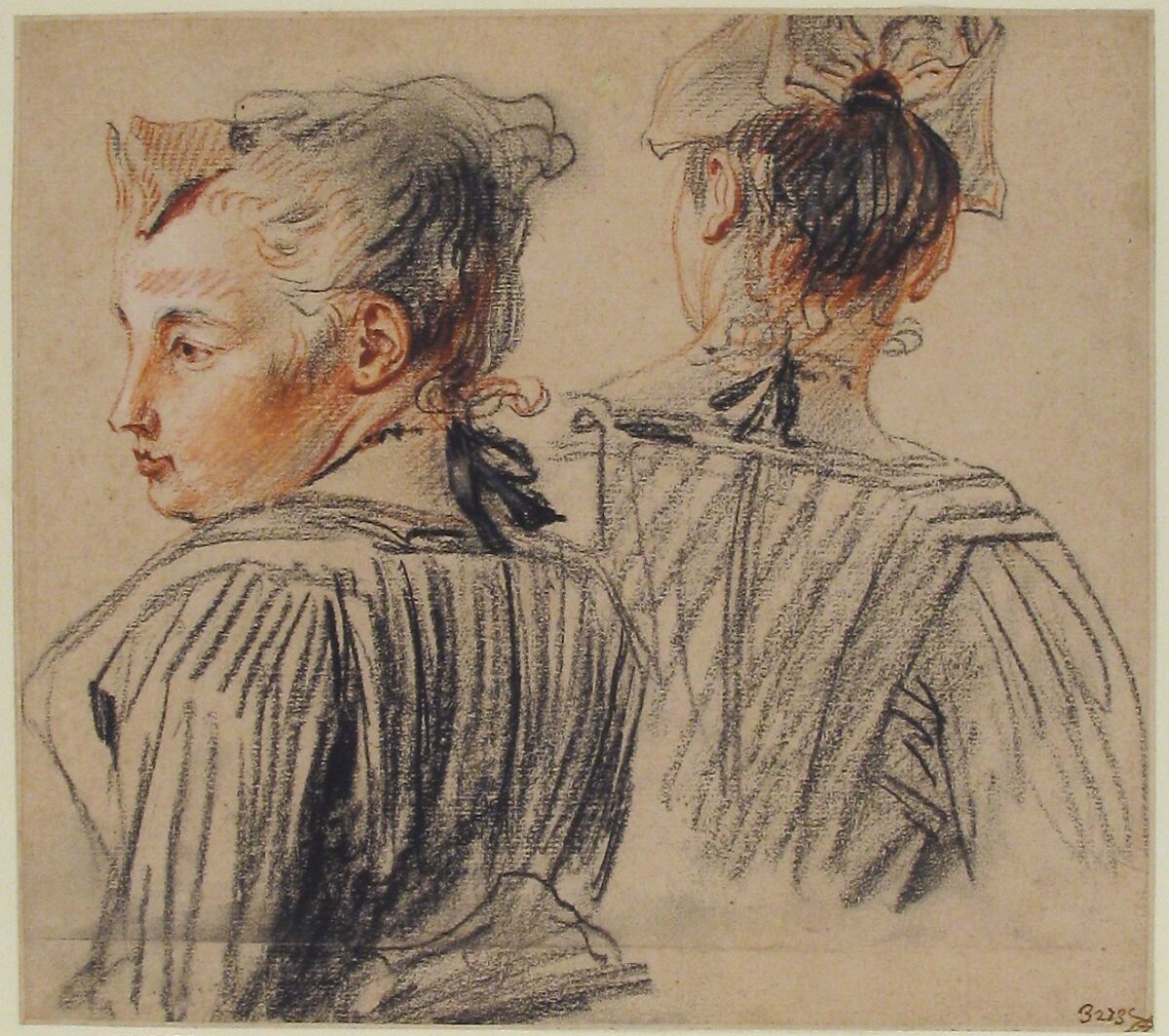 Studies of a Woman Wearing a Cap, Antoine Watteau (French, Valenciennes 1684–1721 Nogent-sur-Marne), Black and red chalk, heightened with a little white.