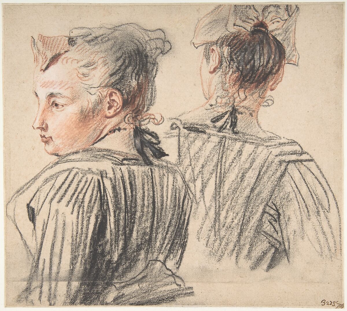 Studies of a Woman Wearing a Cap, Antoine Watteau (French, Valenciennes 1684–1721 Nogent-sur-Marne), Black and red chalk, heightened with a little white. 