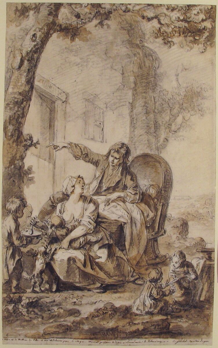 Young Father Distressed by His Growing Family, Louis Joseph Watteau, called Watteau de Lille (French, Valeciennes 1731–1798 Lille), Pen and brownish-gray ink, brush and brown wash over black chalk. A horizontal strip 1.5 cm in height has been added at lower margin and the drawing continued in the same hand.