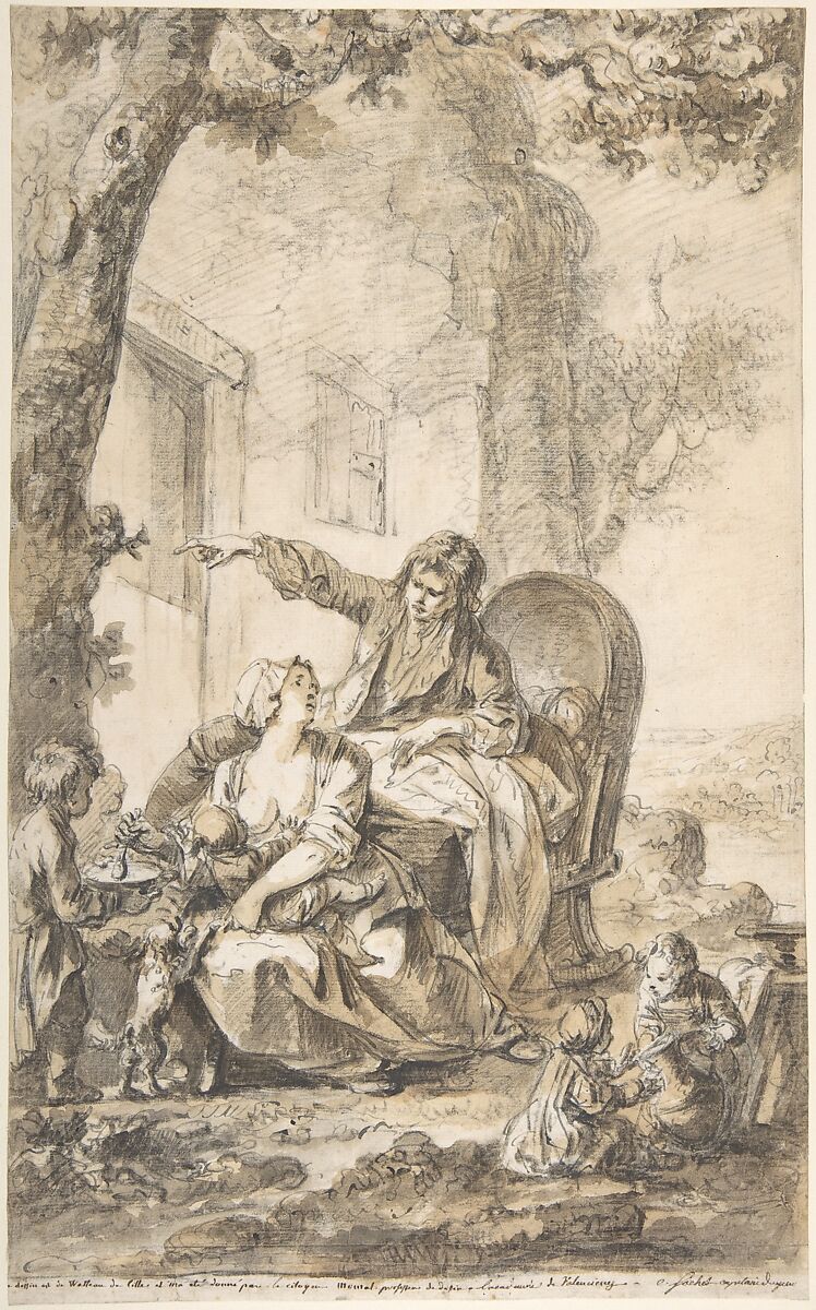 Young Father Distressed by His Growing Family, Louis Joseph Watteau, called Watteau de Lille (French, Valeciennes 1731–1798 Lille), Pen and brownish-gray ink, brush and brown wash over black chalk. A horizontal strip 1.5 cm in height has been added at lower margin and the drawing continued in the same hand. 