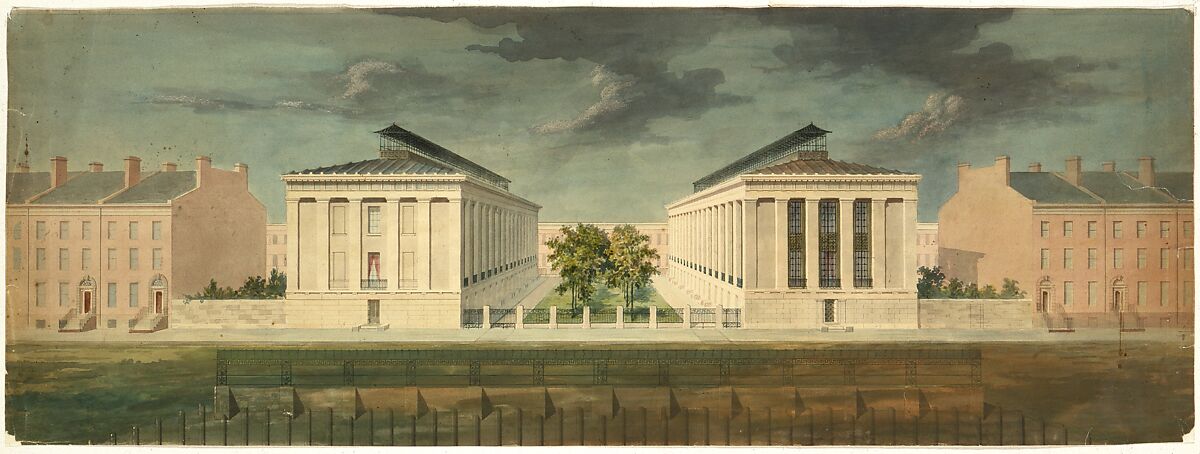 Unexecuted Design for Cross-Block Terrace Development (perspective), Alexander Jackson Davis (American, New York 1803–1892 West Orange, New Jersey), Watercolor