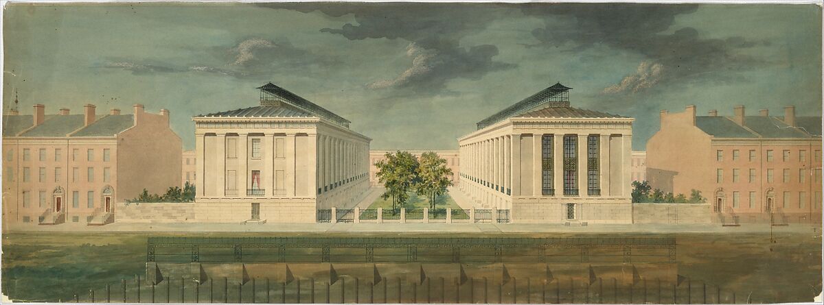 Unexecuted Design for Cross-Block Terrace Development (perspective), Alexander Jackson Davis (American, New York 1803–1892 West Orange, New Jersey), Watercolor 