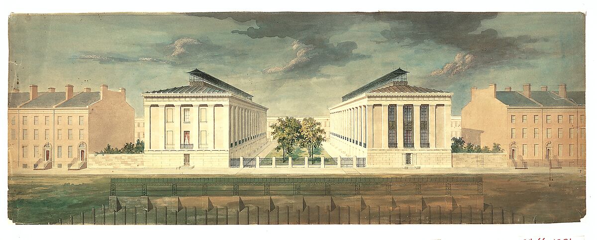 Unexecuted Design for Cross-Block Terrace Development (perspective), Alexander Jackson Davis (American, New York 1803–1892 West Orange, New Jersey), Watercolor
