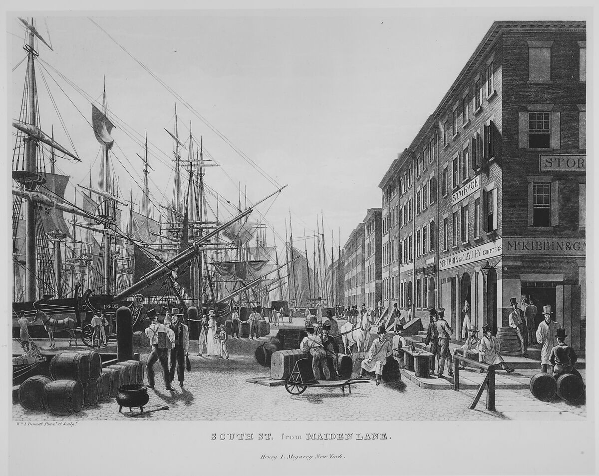South Street from Maiden Lane, New York, in 1828, William James Bennett (American, London 1787–1844 New York), Aquatint