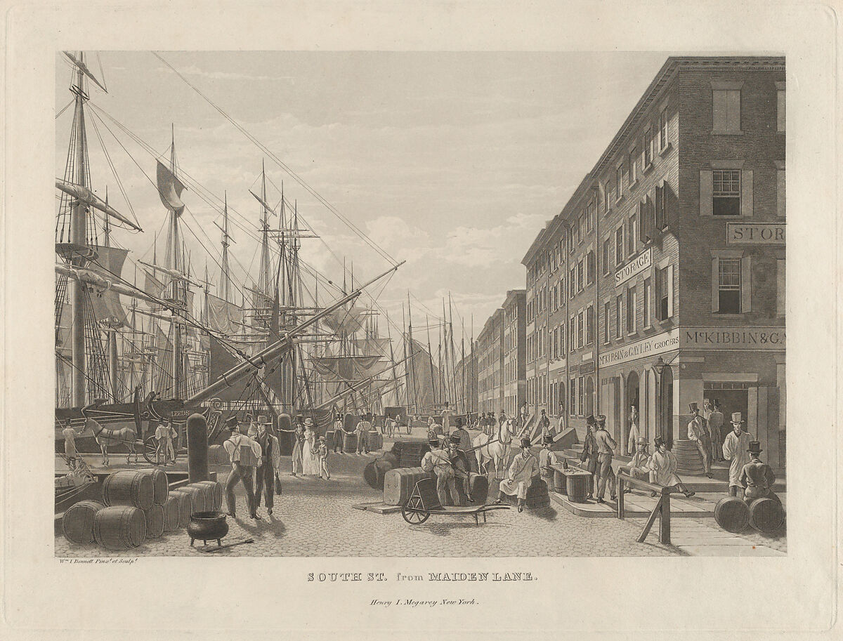 South Street from Maiden Lane, New York, in 1828, William James Bennett (American, London 1787–1844 New York), Aquatint 