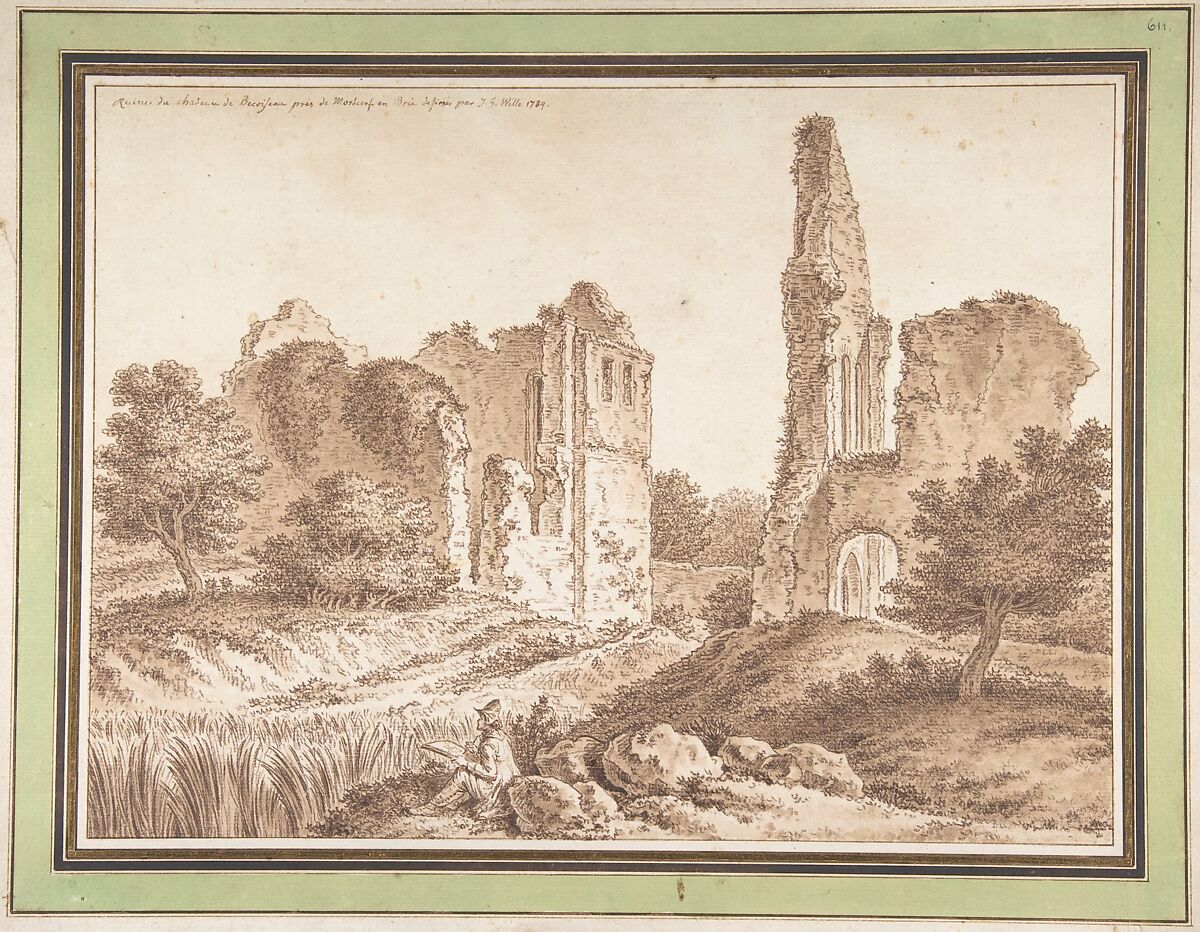 Ruins of the Château of Becoiseau, near Mortcerf (seine-et-Marne), Johann Georg Wille (German (active France), Köningsberg 1715–1808 Paris), Brown chalk and brush and-brown wash. Framing lines in pen and brown ink. 