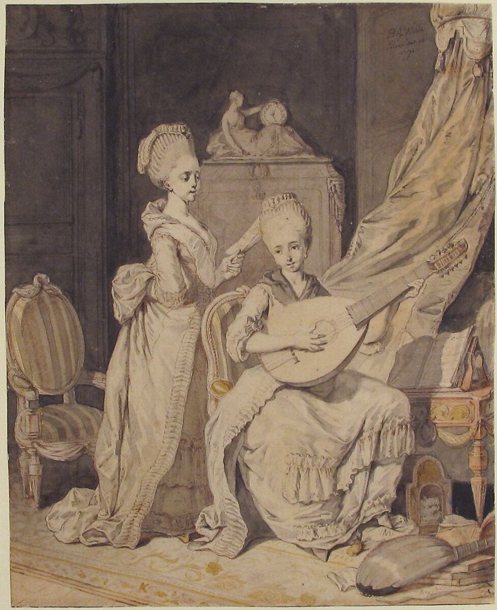 Two Women in an Elegant Interior: a Singer Accompanied by a Lutenist, Pierre Alexandre Wille (French, Paris 1748–1821 Paris), Pen and brown ink, brush and brown and gray wash, yellow and pink watercolor, over traces of black chalk. Traces of ruled border in pen and black ink at left and lower margins.