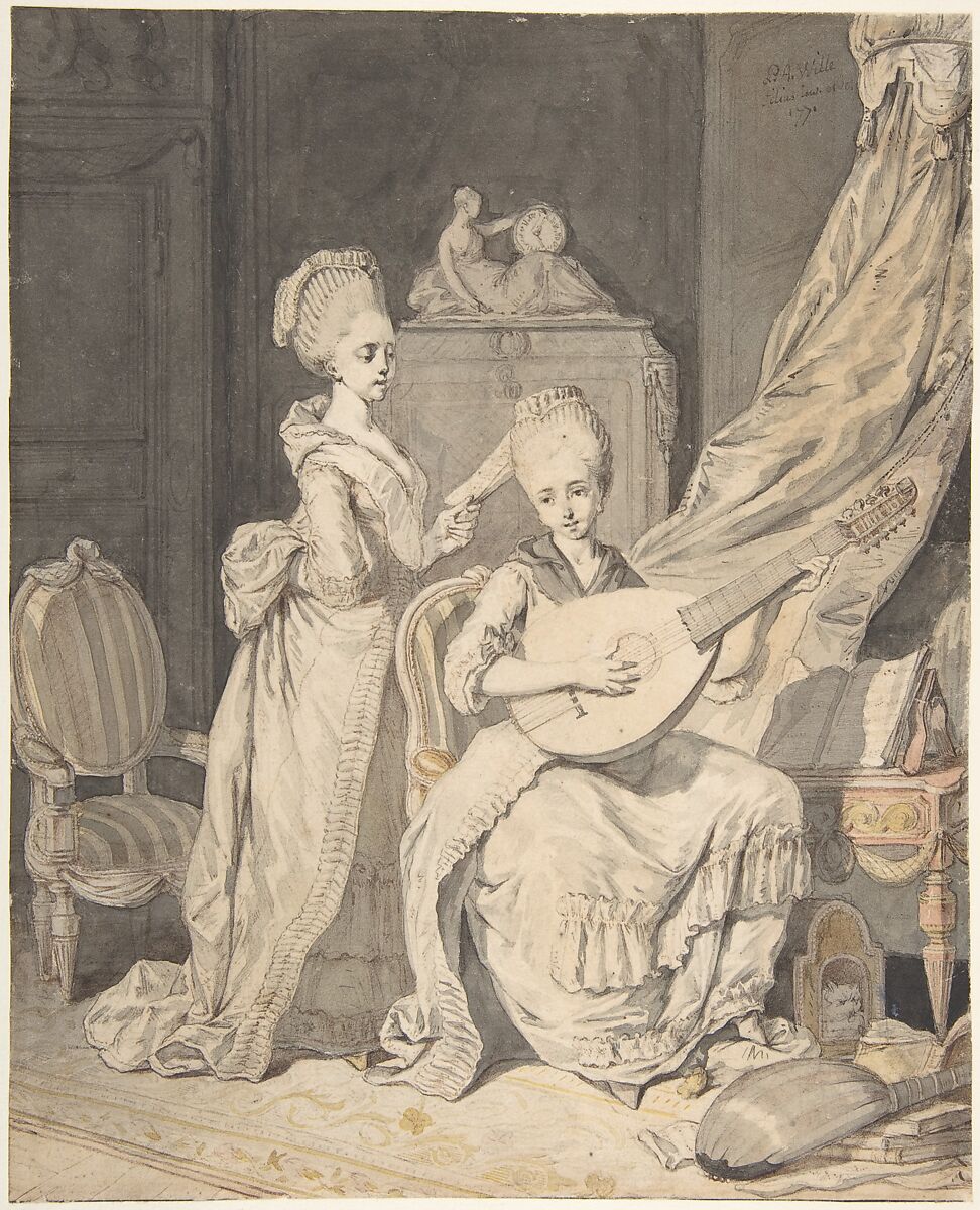 Two Women in an Elegant Interior: a Singer Accompanied by a Lutenist, Pierre Alexandre Wille (French, Paris 1748–1821 Paris), Pen and brown ink, brush and brown and gray wash, yellow and pink watercolor, over traces of black chalk. Traces of ruled border in pen and black ink at left and lower margins. 