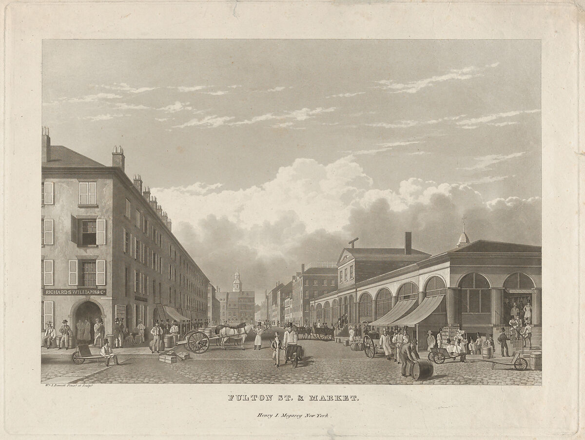 Fulton Street and Market, New York, William James Bennett (American, London 1787–1844 New York), Aquatint 