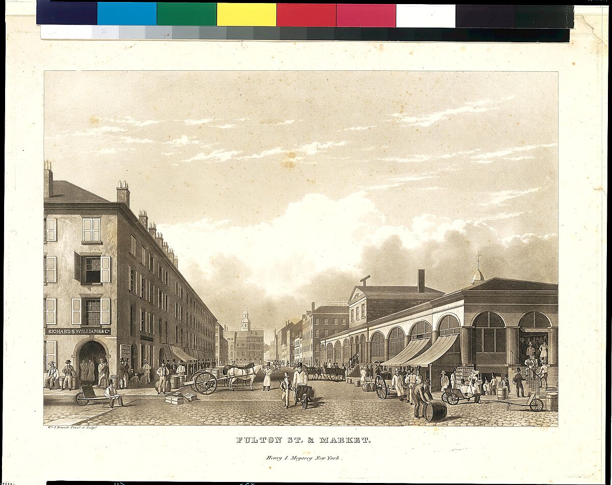 Fulton Street and Market, New York, William James Bennett (American, London 1787–1844 New York), Aquatint