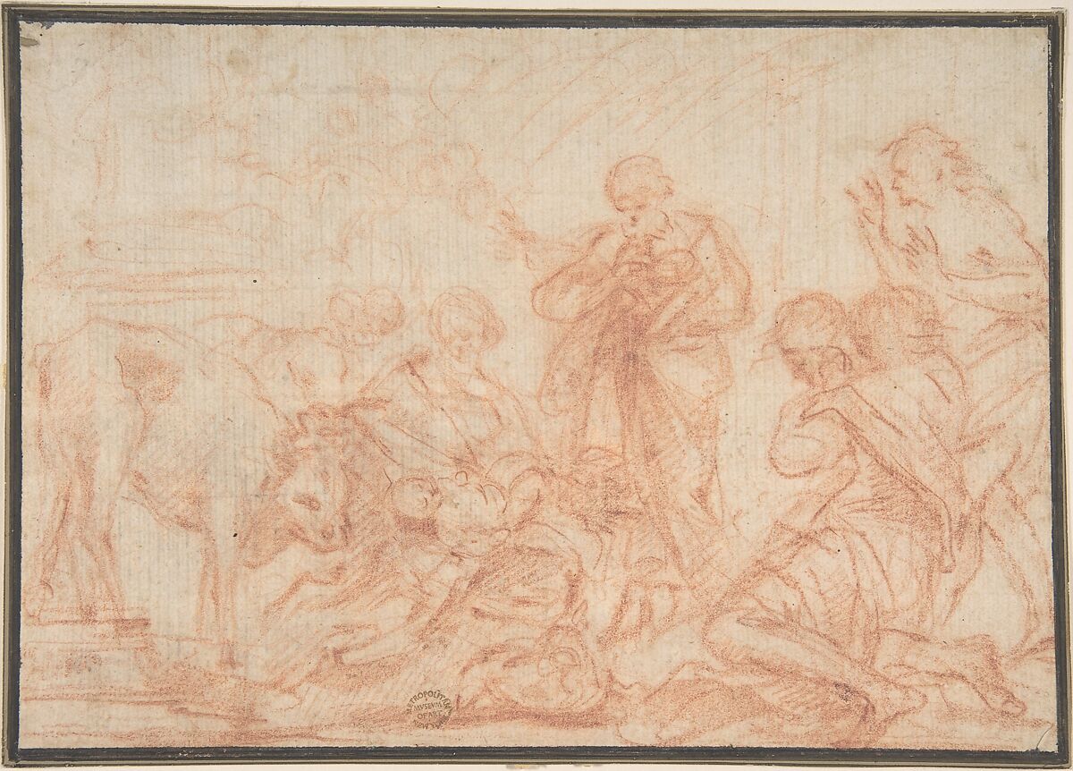 The Adoration of the Shepherds, Anonymous, French, 17th century, Red chalk.  Framing lines in pen and black ink 