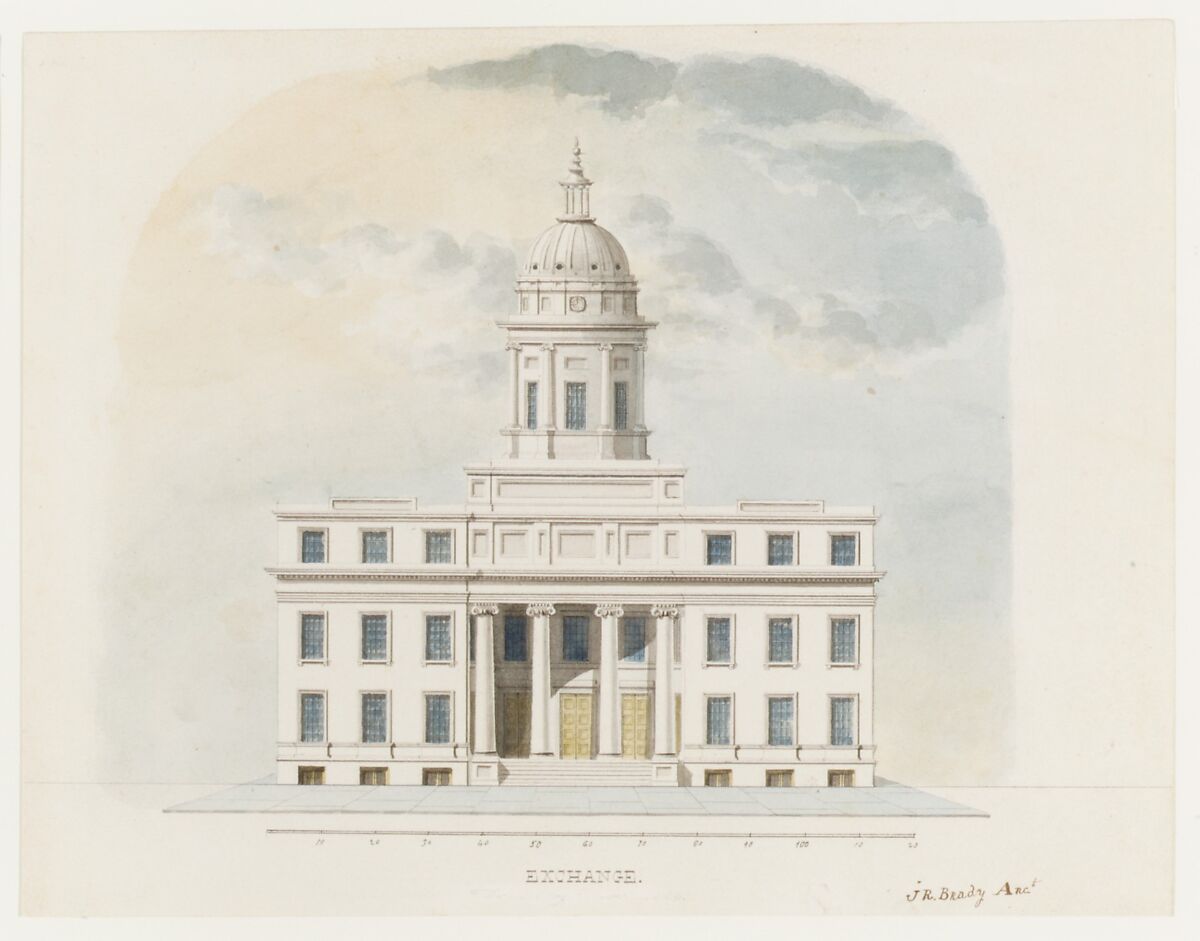 First Merchants' Exchange, New York (elevation of main façade), Alexander Jackson Davis (American, New York 1803–1892 West Orange, New Jersey), Watercolor, pen and black ink over graphite