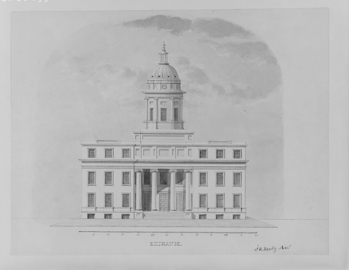 First Merchants' Exchange, New York (elevation of main façade), Alexander Jackson Davis (American, New York 1803–1892 West Orange, New Jersey), Watercolor, pen and black ink over graphite