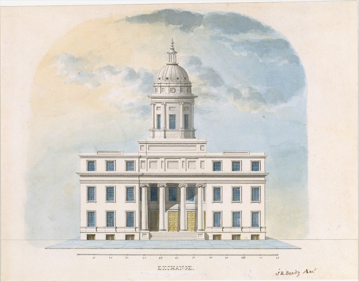 First Merchants' Exchange, New York (elevation of main façade), Alexander Jackson Davis (American, New York 1803–1892 West Orange, New Jersey), Watercolor, pen and black ink over graphite 