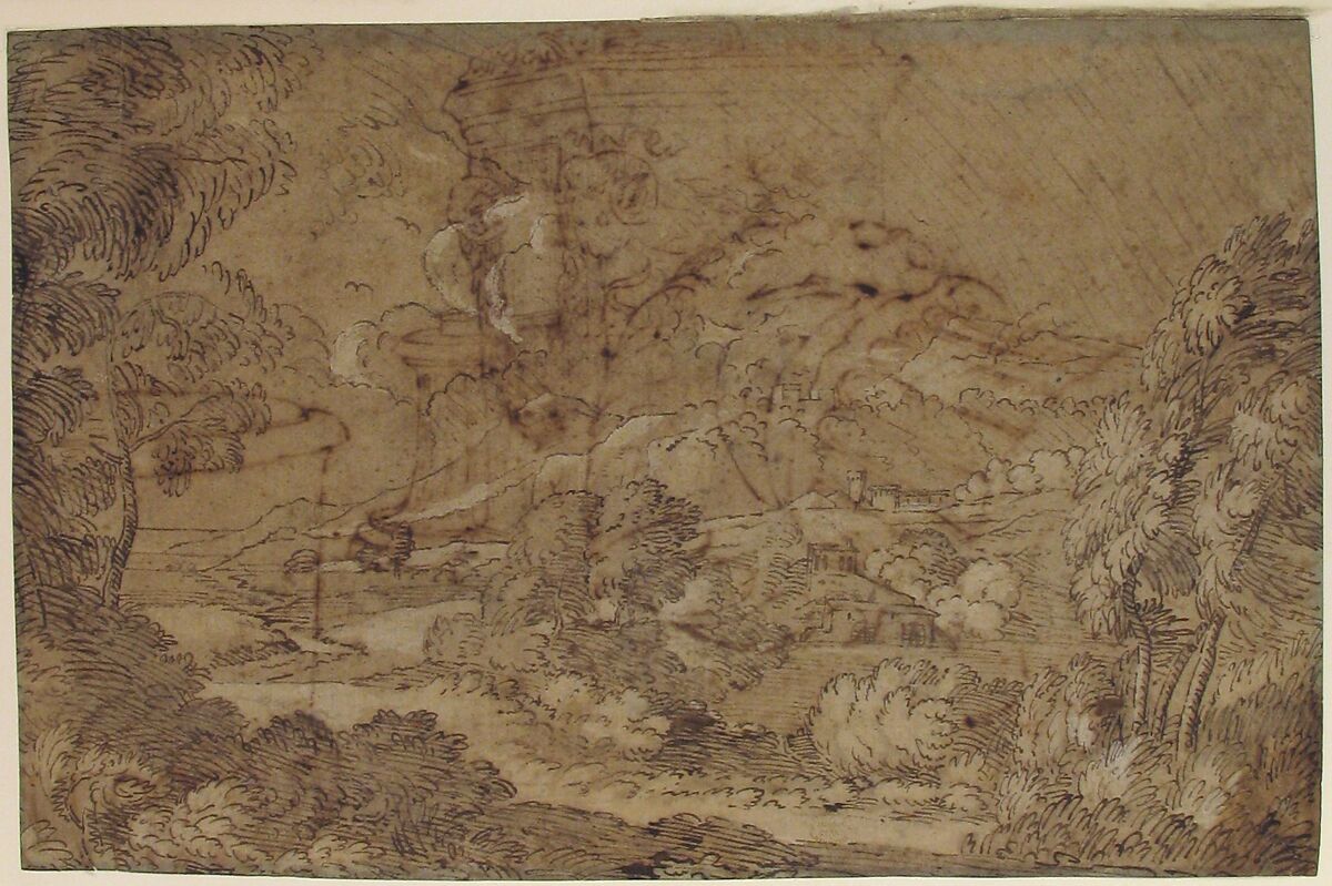 Landscape, Anonymous, French, 17th century, Pen and brown ink touched with Chinese white on tinted paper