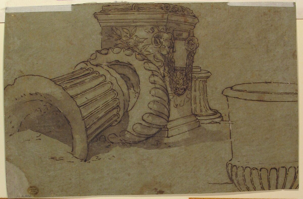 Landscape, Anonymous, French, 17th century, Pen and brown ink touched with Chinese white on tinted paper