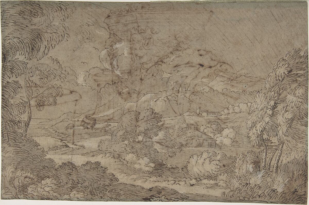 Landscape, Anonymous, French, 17th century, Pen and brown ink touched with Chinese white on tinted paper 