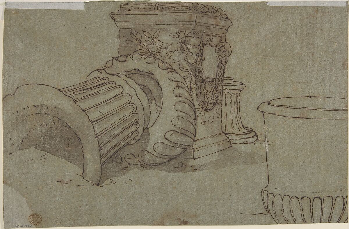 Landscape, Anonymous, French, 17th century, Pen and brown ink touched with Chinese white on tinted paper