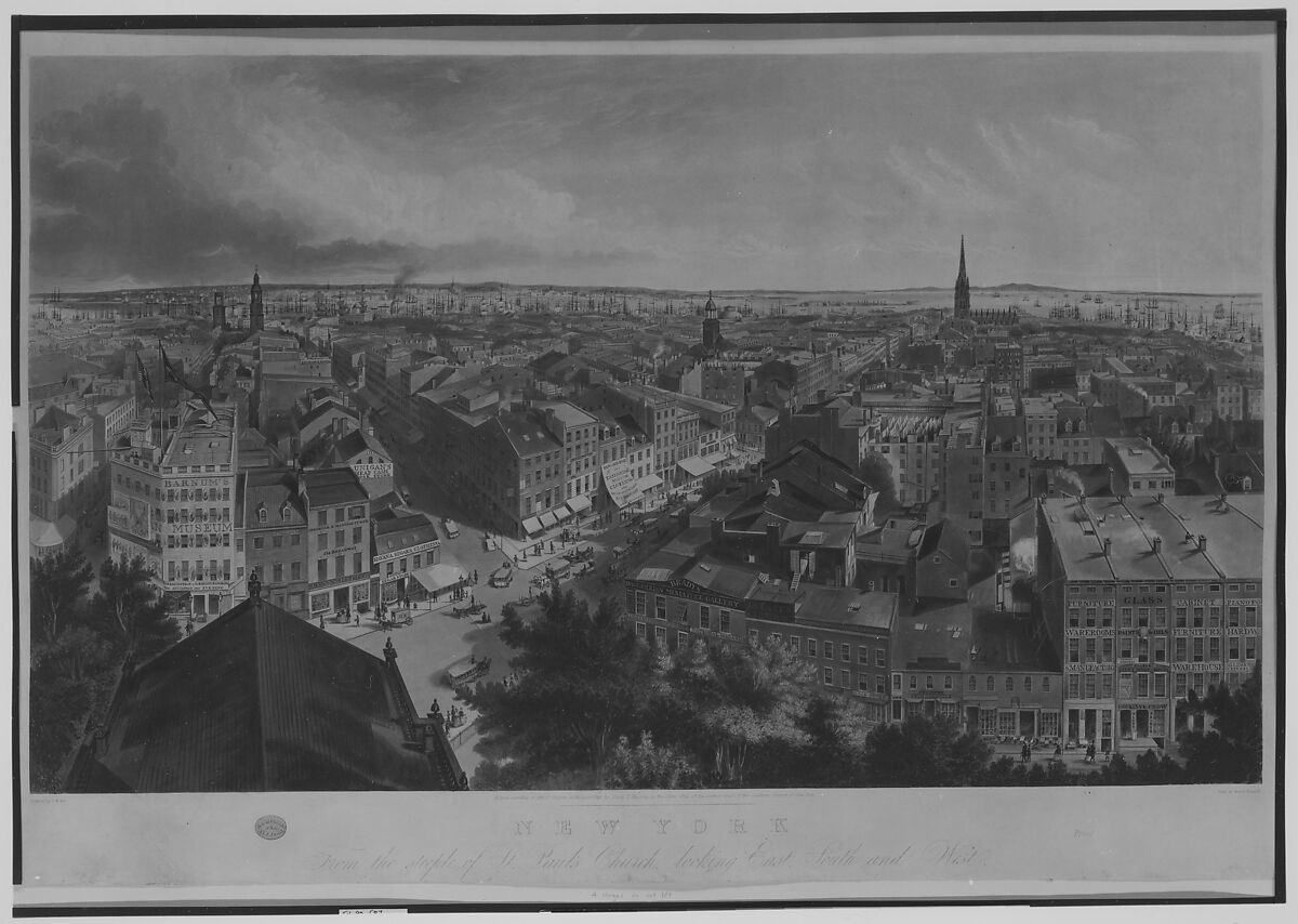New York from the Steeple of St. Paul's Church, Looking East, South, and West, Henry A. Papprill (British, 1817–1896), Color aquatint and etching; second state of three
