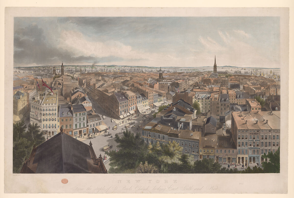New York from the Steeple of St. Paul's Church, Looking East, South, and West, Henry A. Papprill (British, 1817–1896), Color aquatint and etching; second state of three
