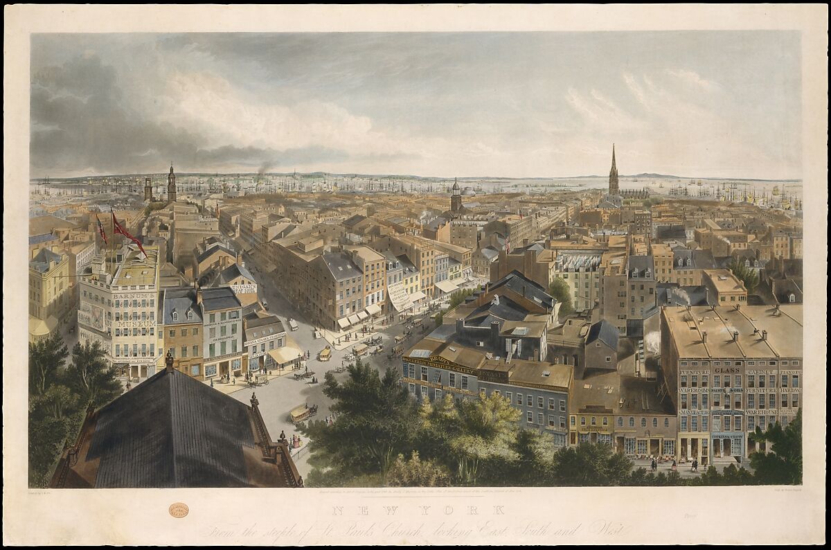 New York from the Steeple of St. Paul's Church, Looking East, South, and West, Henry A. Papprill (British, 1817–1896), Color aquatint and etching; second state of three 