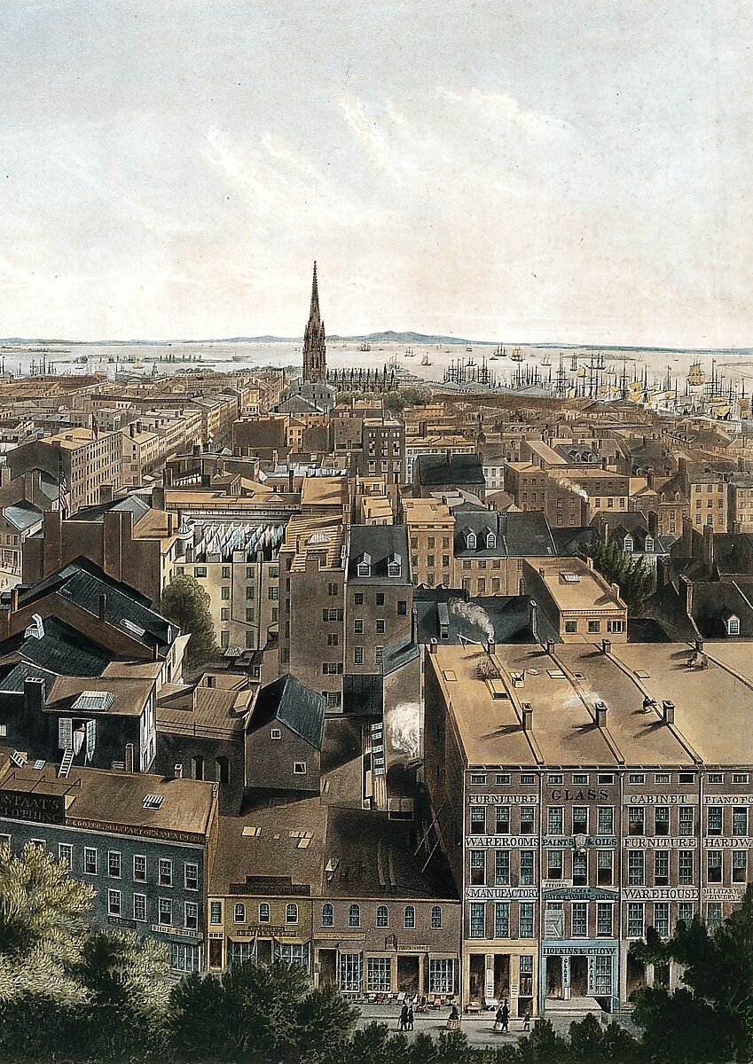 New York from the Steeple of St. Paul's Church, Looking East, South, and West, Henry A. Papprill (British, 1817–1896), Color aquatint and etching; second state of three