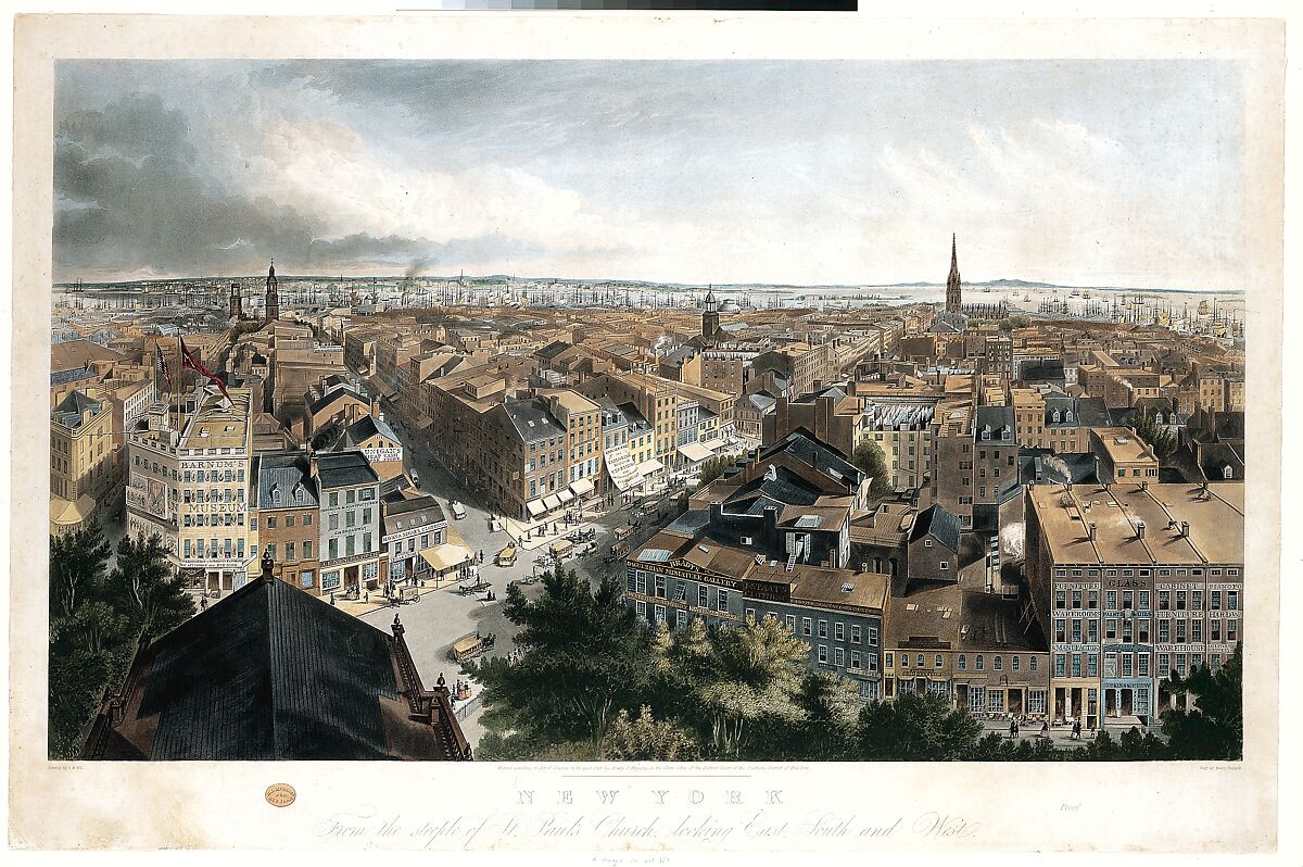 New York from the Steeple of St. Paul's Church, Looking East, South, and West, Henry A. Papprill (British, 1817–1896), Color aquatint and etching; second state of three