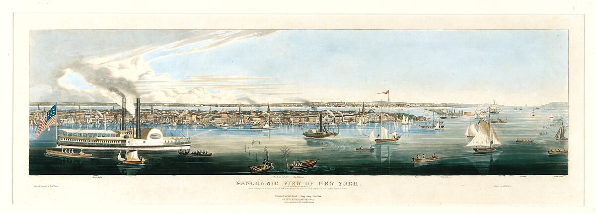 Panoramic View of New York Taken from the North River, Drawn and etched by Robert Havell Jr. (American (born England), Reading 1793–1878 Tarrytown, New York), Hand-colored etching and aquatint 