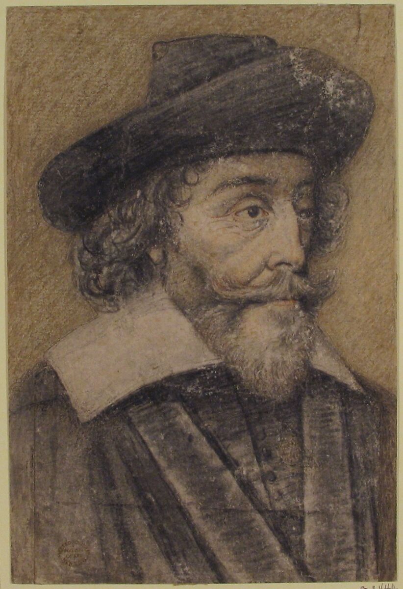 Portrait of a Man, Anonymous, French, 17th century, Red chalk, pen and black ink, touches of brush and gray ink, silhouetted and pasted onto a rectangular sheet of paper tinted buff at back of head and gray at shoulders.