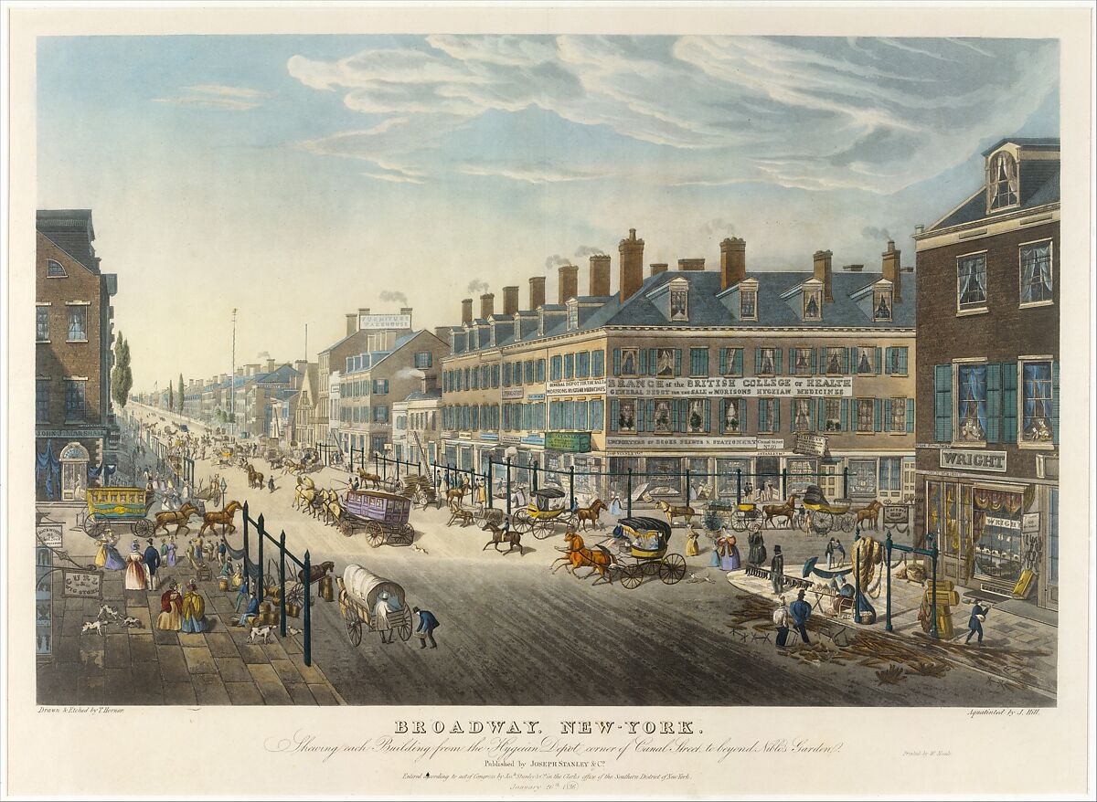 Broadway, New-York. Shewing [sic] Each Building from the Hygeian Depot Corner of Canal Street to beyond Niblo's Garden, Drawn and etched by Thomas Hornor (British, Hull 1785–1844 New York), Aquatint and etching with hand coloring