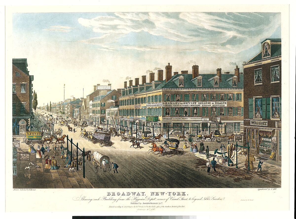 Broadway, New-York. Shewing [sic] Each Building from the Hygeian Depot Corner of Canal Street to beyond Niblo's Garden, Drawn and etched by Thomas Hornor (British, Hull 1785–1844 New York), Aquatint and etching with hand coloring 