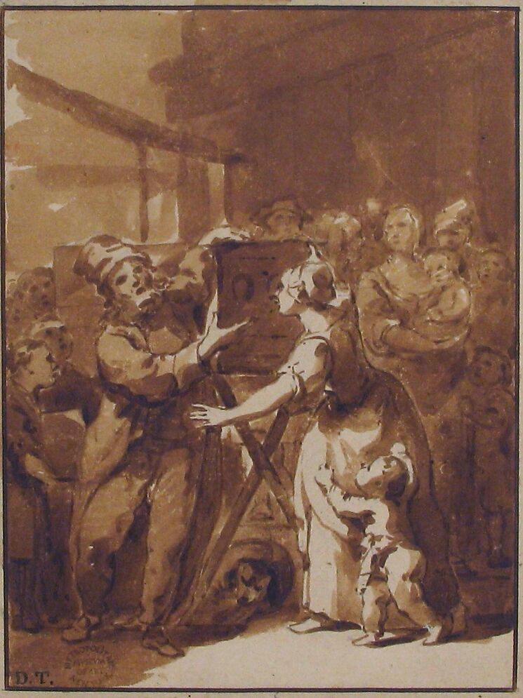 Scene at a Fair: A Peep Show, Anonymous, French, 18th century, Pen and brown ink, brush and brown wash
