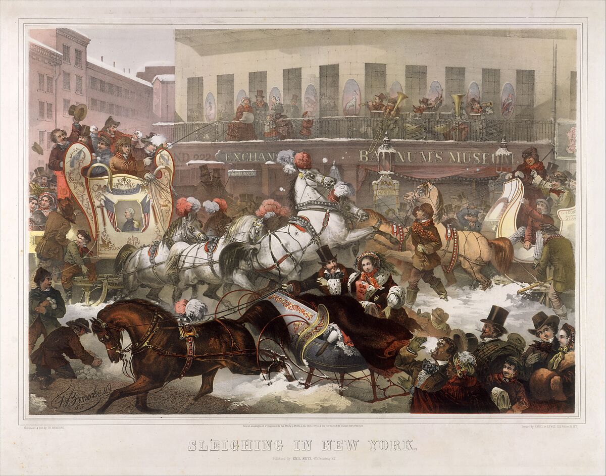 Sleighing in New York, Thomas Benecke (American, active New York, 1855–56), Color lithograph with hand-coloring