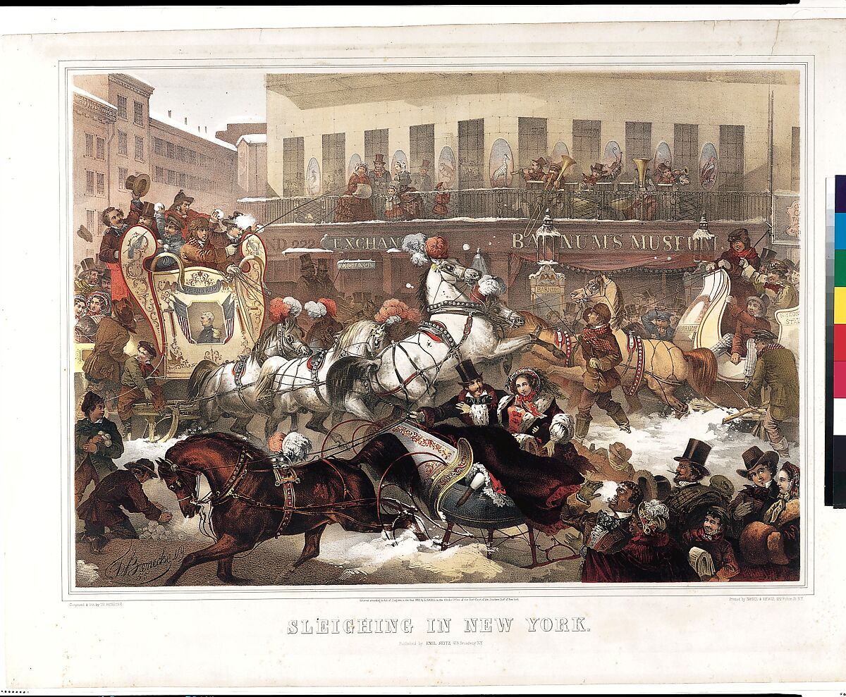 Sleighing in New York, Thomas Benecke (American, active New York, 1855–56), Color lithograph with hand-coloring 