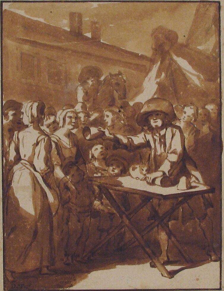 Scene at a Fair: A Magician, Anonymous, French, 18th century, Pen and brown ink, brush and brown wash