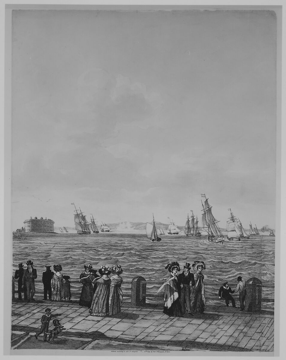 New York Harbor from the Battery, Thomas Thompson (American (born England), Whorlton 1775/76–1852 New York), Lithograph with hand coloring in three panels