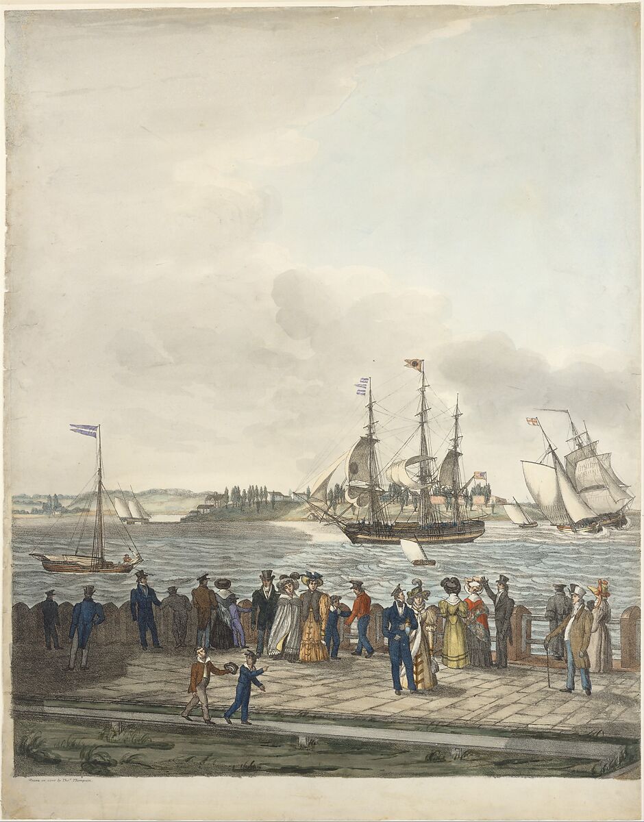 New York Harbor from the Battery, Thomas Thompson (American (born England), Whorlton 1775/76–1852 New York), Lithograph with hand coloring in three panels 