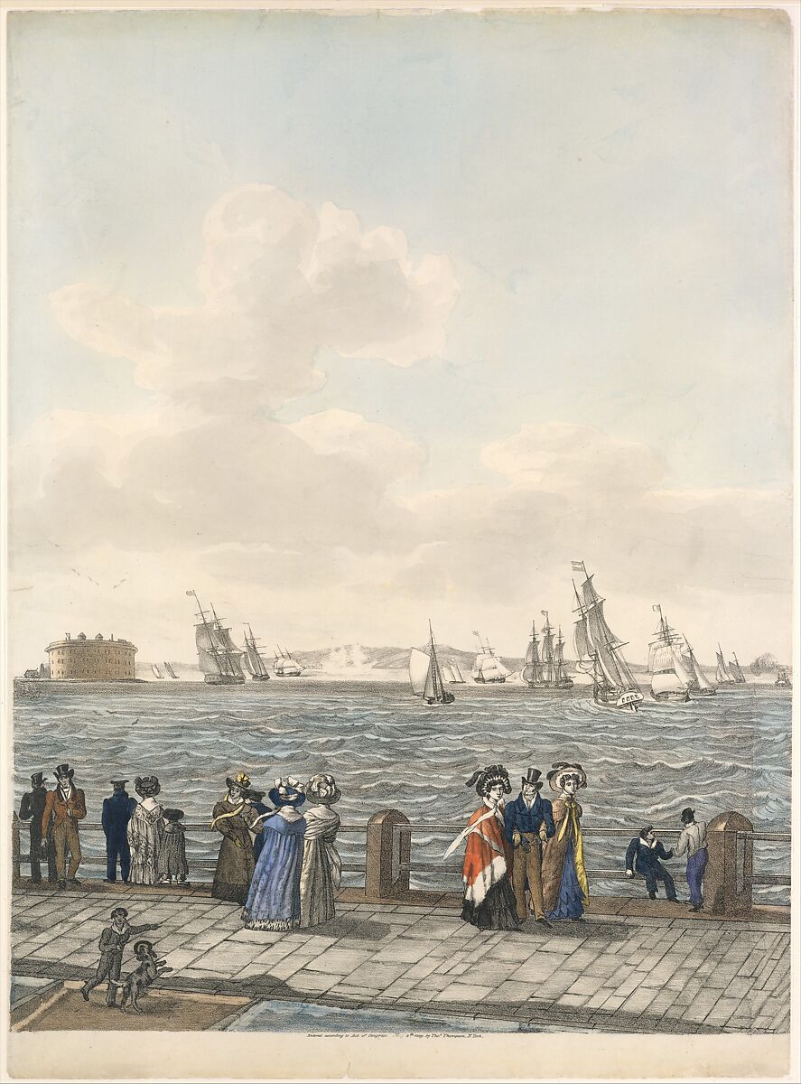 New York Harbor from the Battery, Thomas Thompson (American (born England), Whorlton 1775/76–1852 New York), Lithograph with hand coloring in three panels