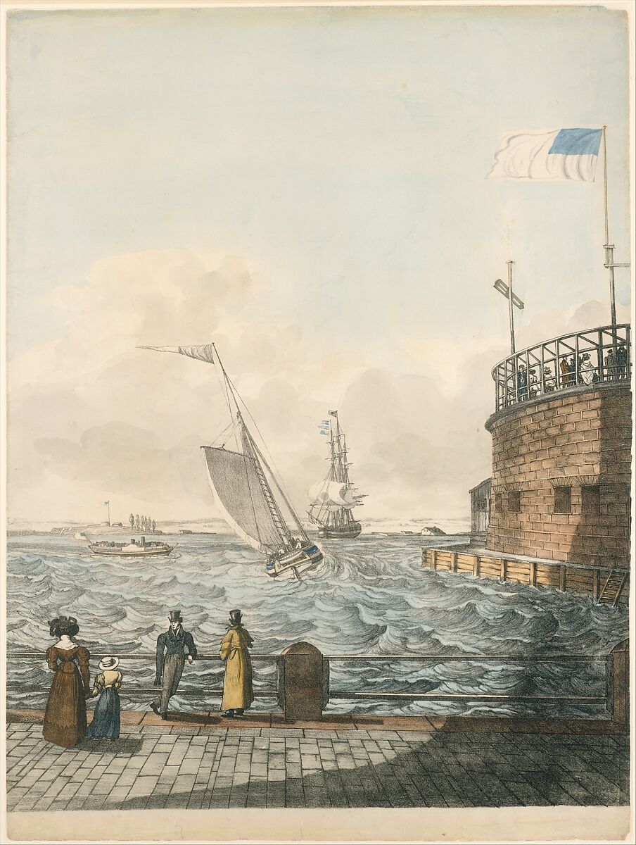New York Harbor from the Battery, Thomas Thompson (American (born England), Whorlton 1775/76–1852 New York), Lithograph with hand coloring in three panels