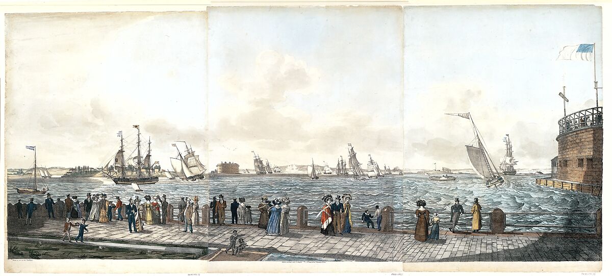 New York Harbor from the Battery, Thomas Thompson (American (born England), Whorlton 1775/76–1852 New York), Lithograph with hand coloring in three panels