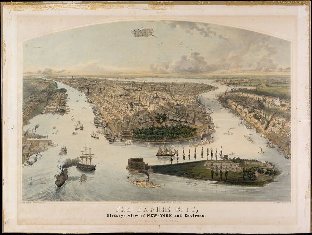 The Empire City, Birdseye View of New York and Environs, John Bachmann (American, born Switzerland, 1814/15–1896), Lithograph printed in colors with hand coloring
