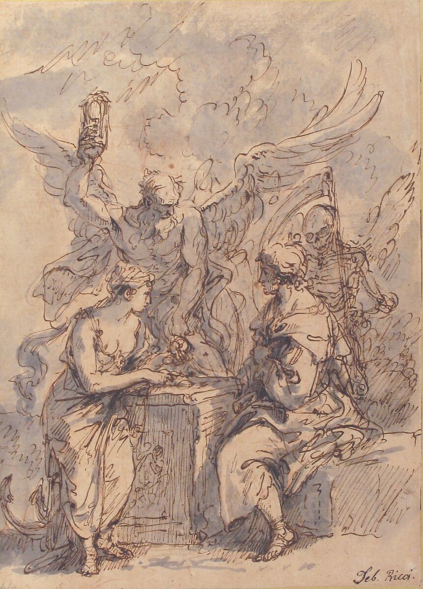 Allegory with Figures of Hope, Time, and Death, Sebastiano Ricci (Italian, Belluno 1659–1734 Venice), Pen and brown ink, brush and gray wash, over red and black chalk