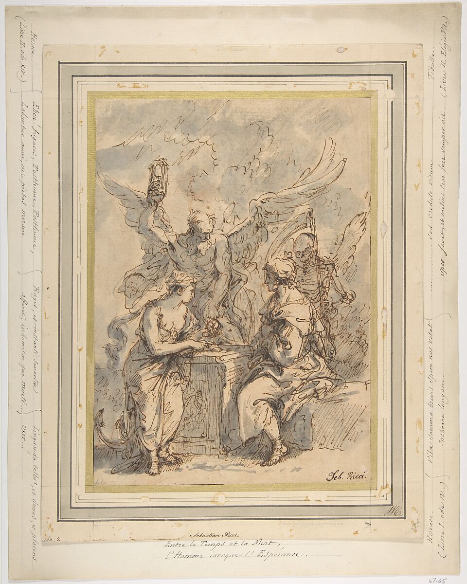Allegory with Figures of Hope, Time, and Death, Sebastiano Ricci (Italian, Belluno 1659–1734 Venice), Pen and brown ink, brush and gray wash, over red and black chalk 